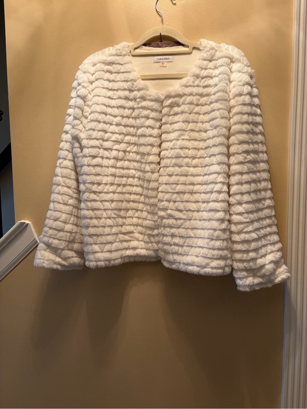 Calvin Klein Cream Textured Faux-Fur Open Front Jacket
